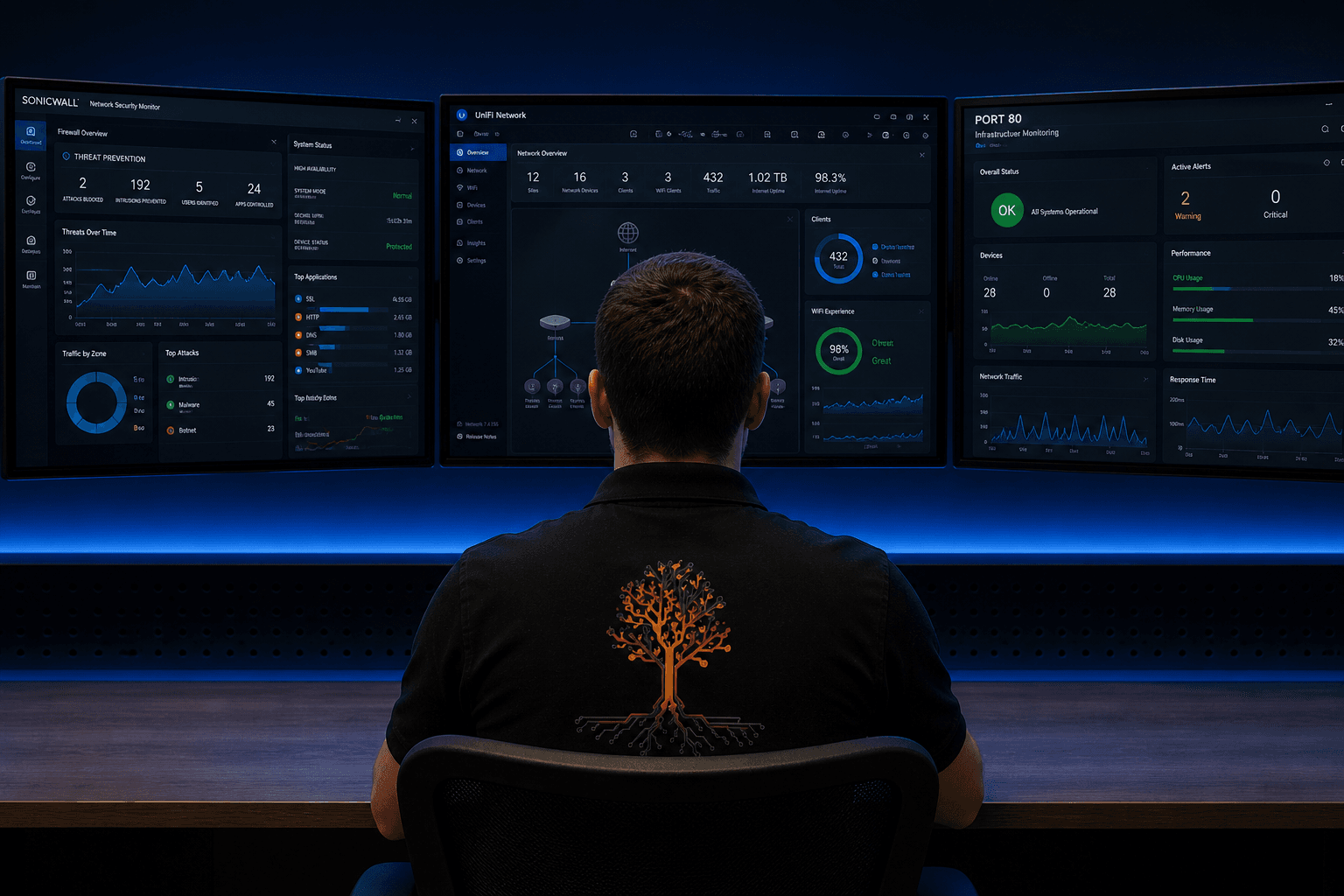 UniFi network monitoring dashboard showing network health and connected devices