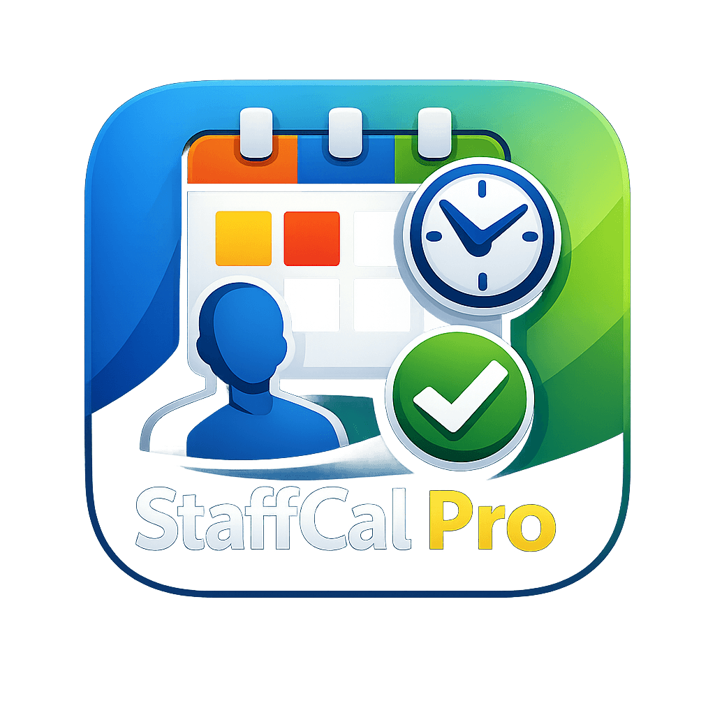 StaffCal Pro WordPress plugin interface showing color-coded staff calendar